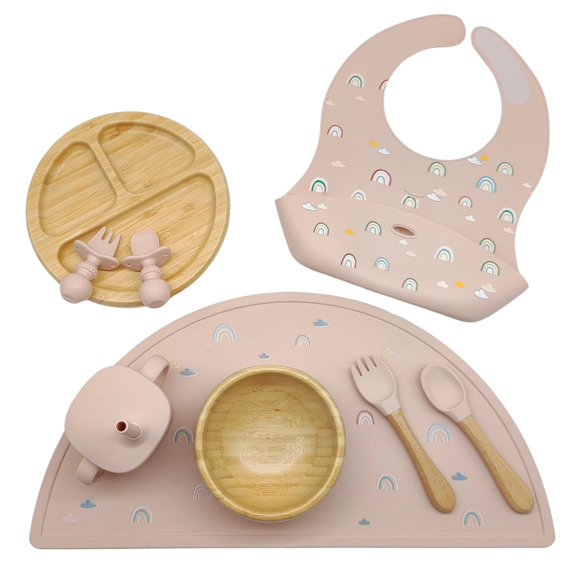 Blush Rainbow Platinum Silicone and Bamboo Feeding Set